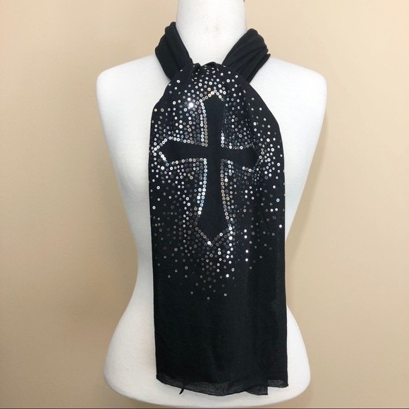 Cross Sequin Black Long Scarf - Picture 1 of 4